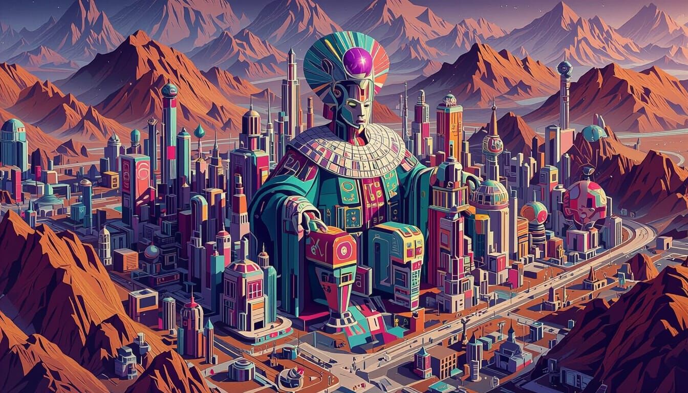 Vibrant Metaverse Cityscape in Surrealist & Cubist Styles