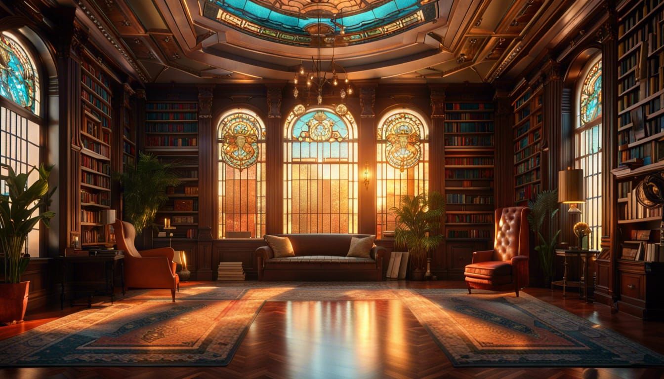 Art Deco Library with Sunset Through Stained Glass