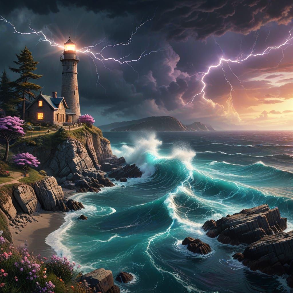 Lighthouse and Cottage Cliffside View in Painterly Style