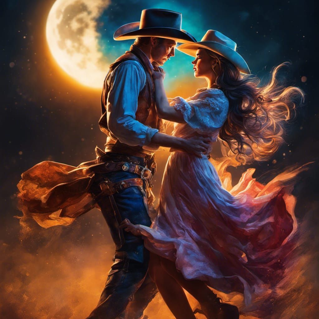 Cowboy and Cowgirl Dancing Under the Moon