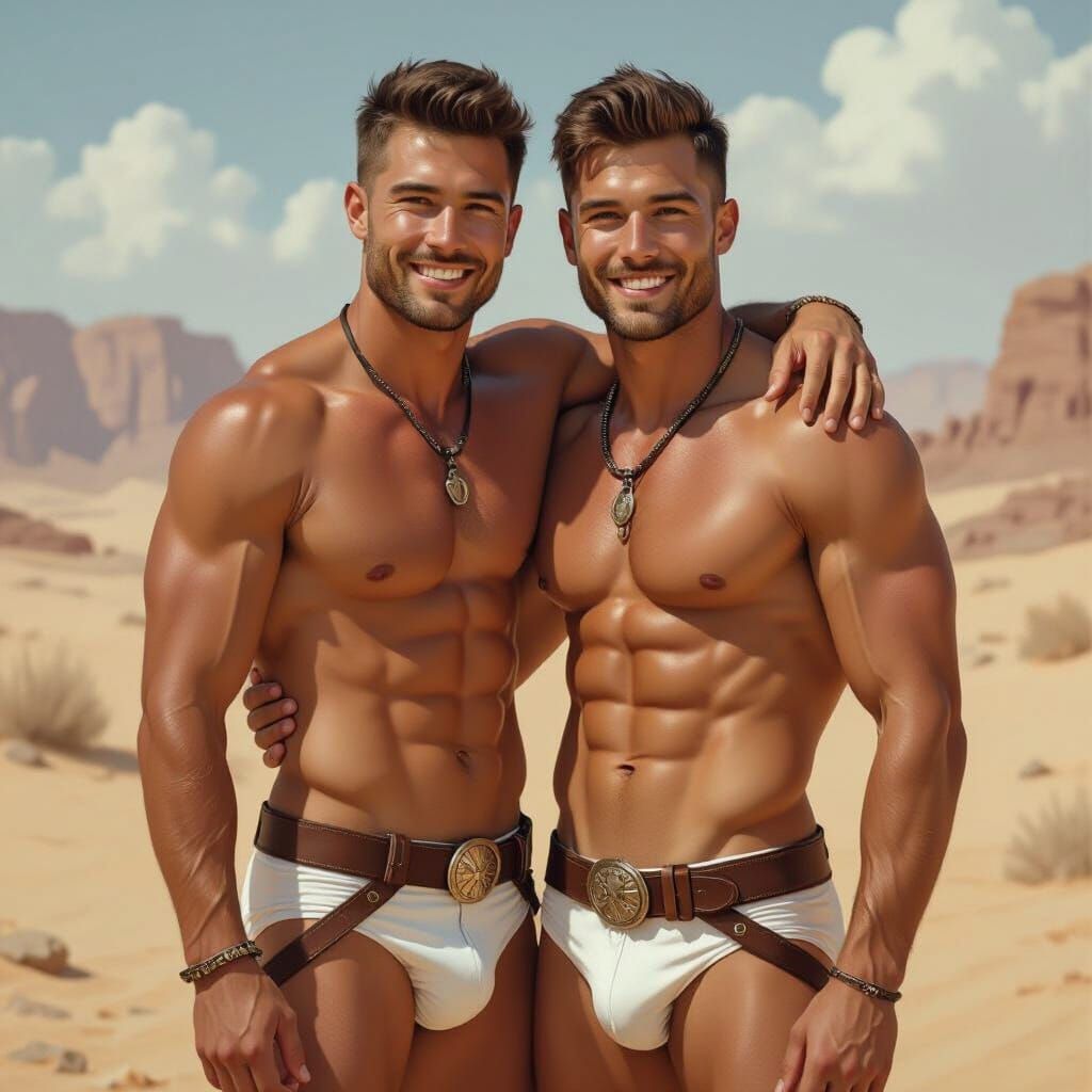 Muscular Men in Desert Landscape: Hyper-Realistic Image