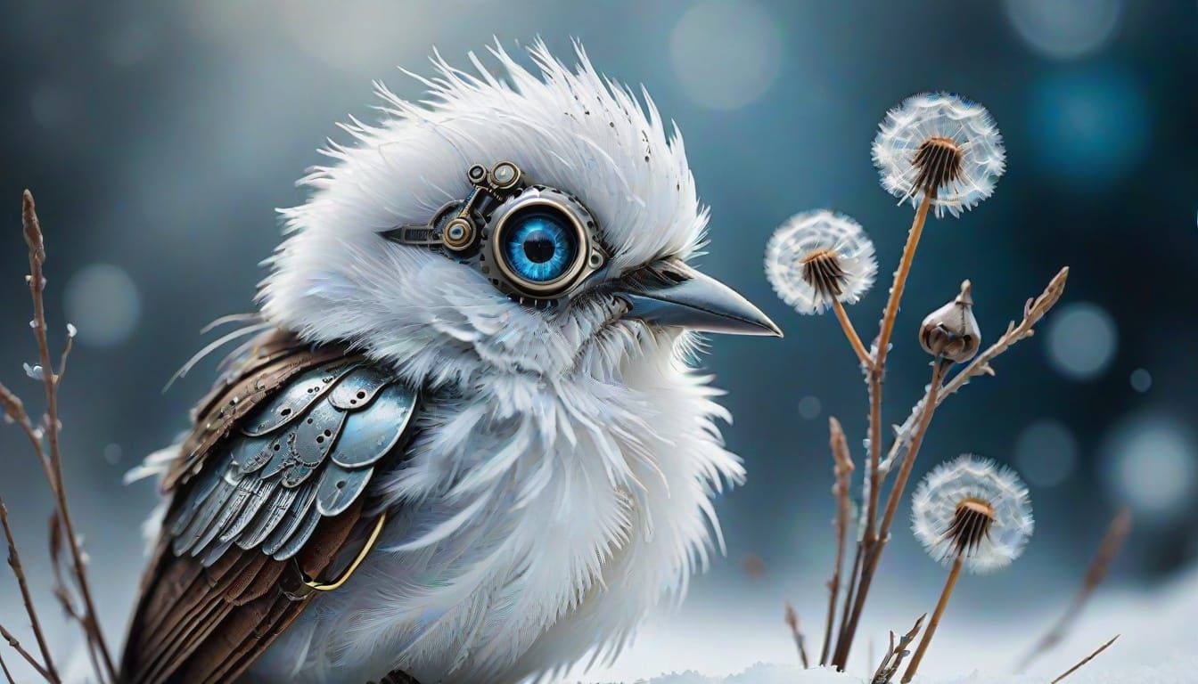 Steampunk Baby Bird in Winter Wonderland