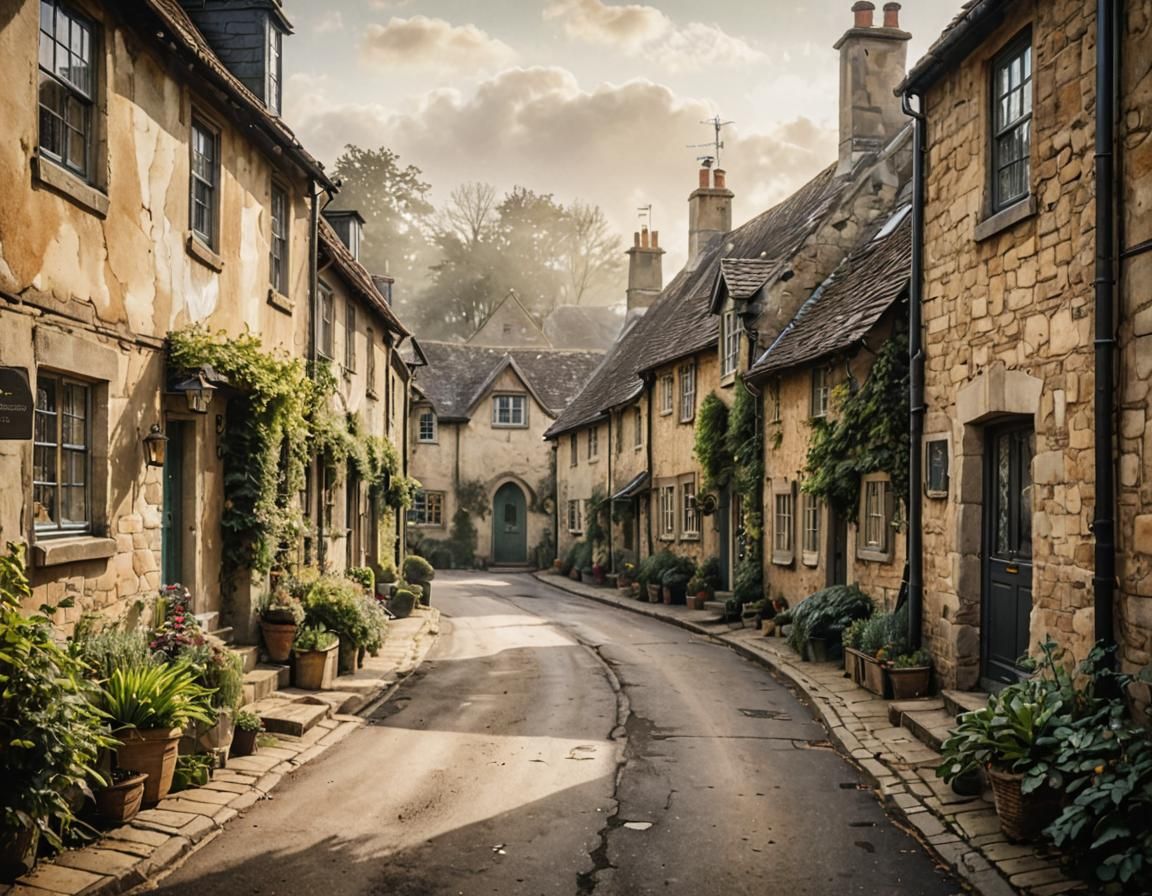 Quaint English Village in Ink Painting Style