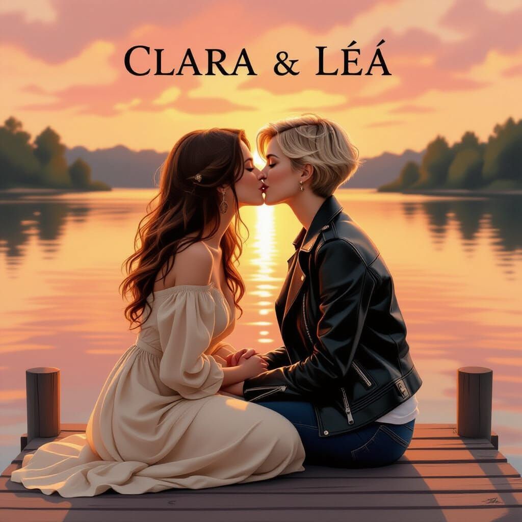 Romantic Sunset Lake Kiss in Realistic Painterly Style