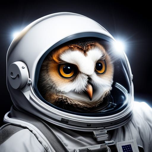 Owl in Spacesuit Soaring Through Space