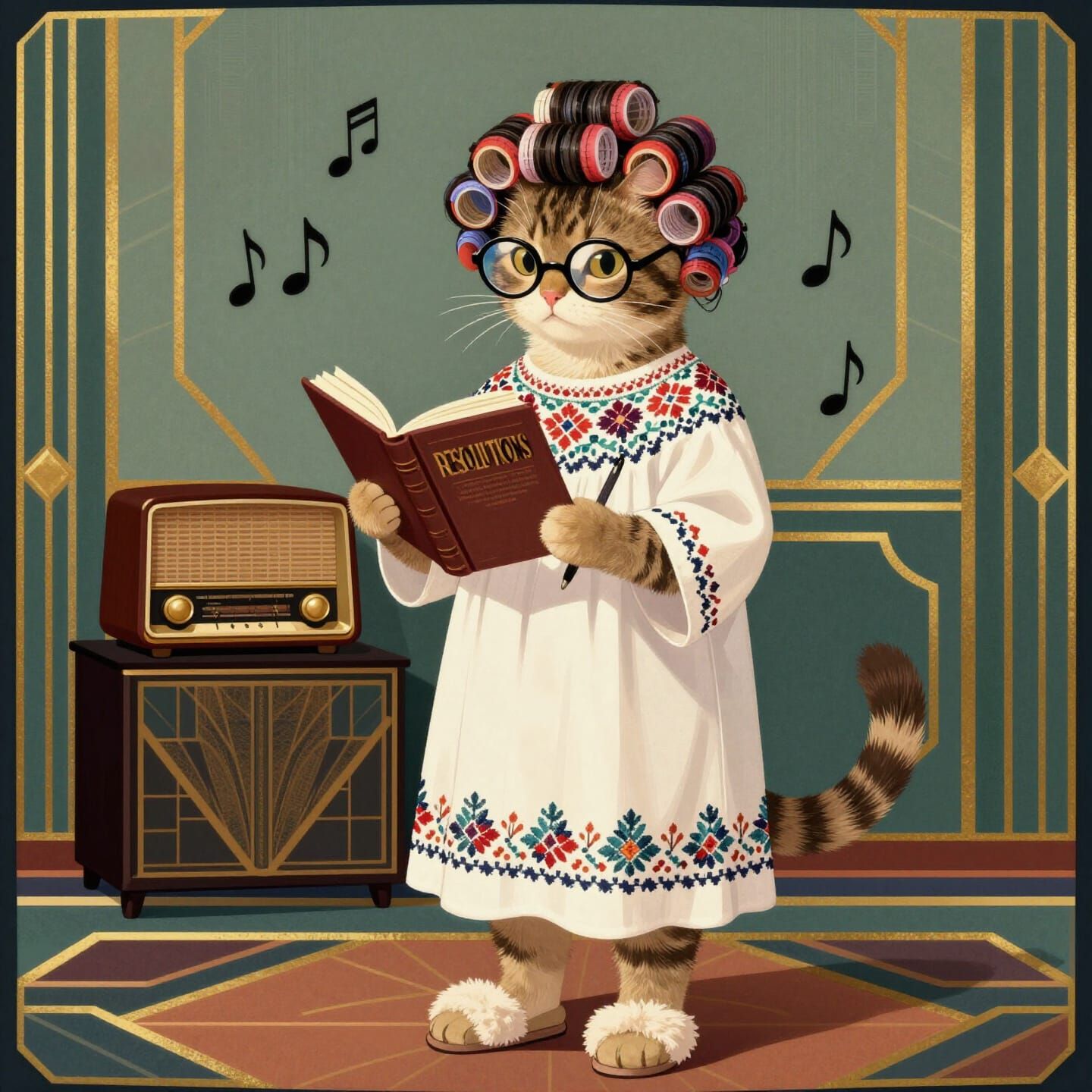 Art Deco Cat Lady Planning Resolutions in Retro Room