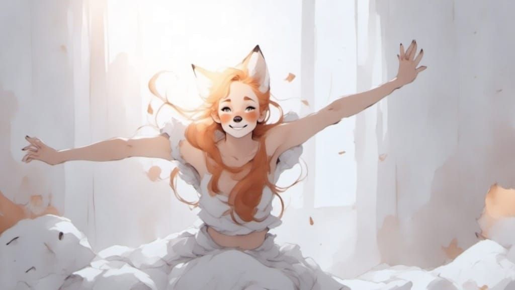 Fox-girl Vixen flops into her bedding.
