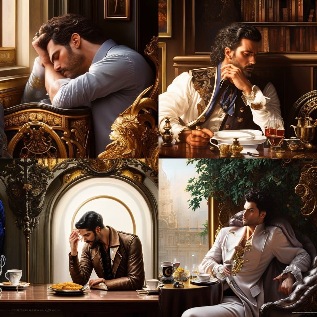 Man Sleeping in Café, Rococo Style, Hyperdetailed