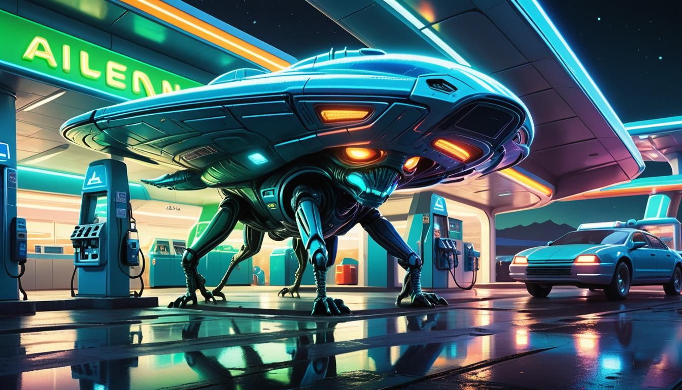 Spaceship at Alien Gas Station in Sci-Fi Digital Art