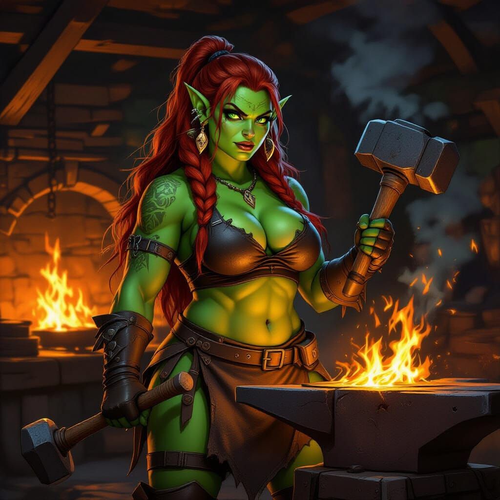 Orc Blacksmith With Hammer and Anvil