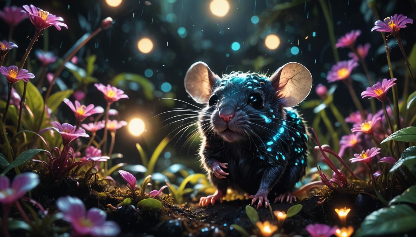 Bioluminescent Jungle Mouse in Macro Photography Style