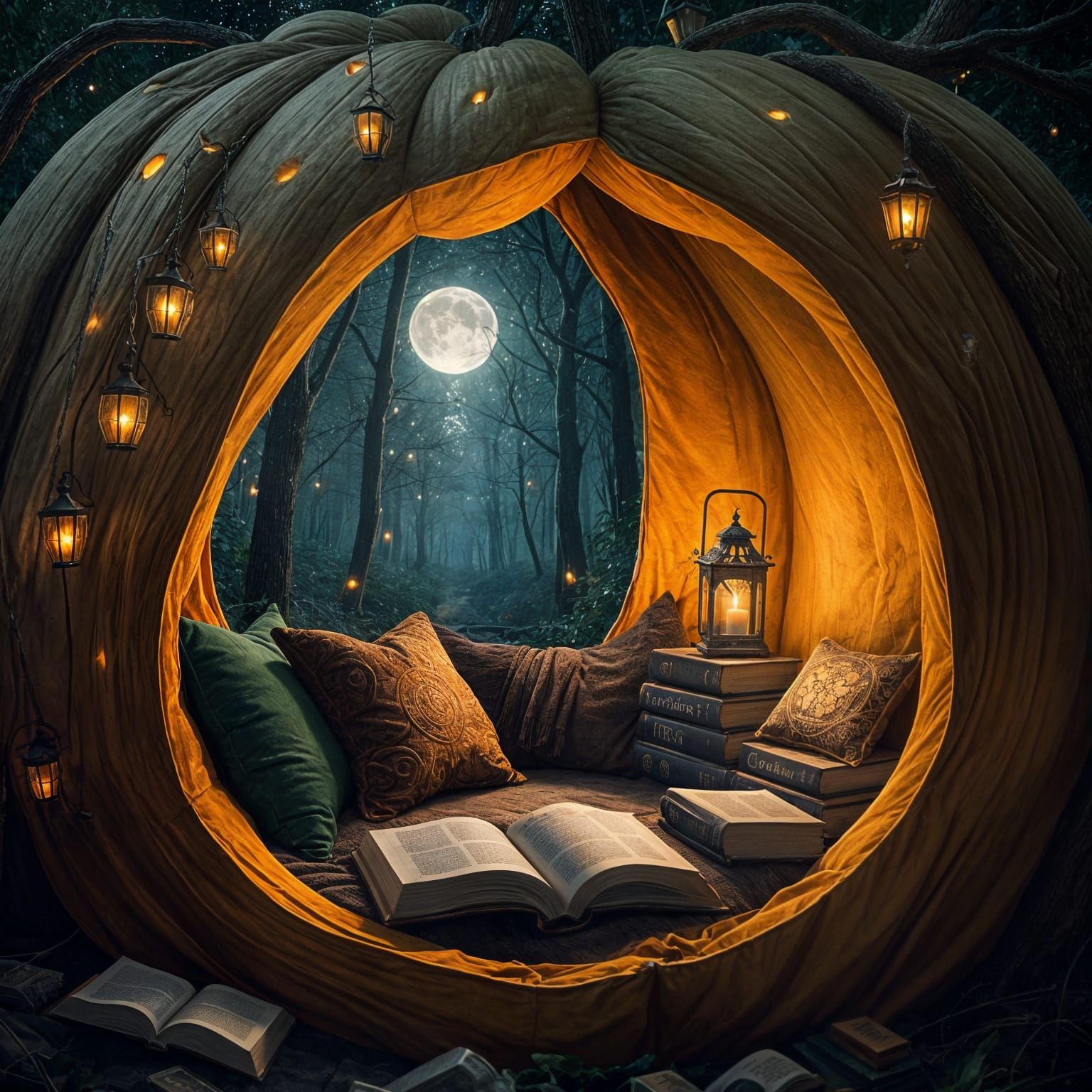 Cozy Pumpkin Reading Nook in Moonlit Forest