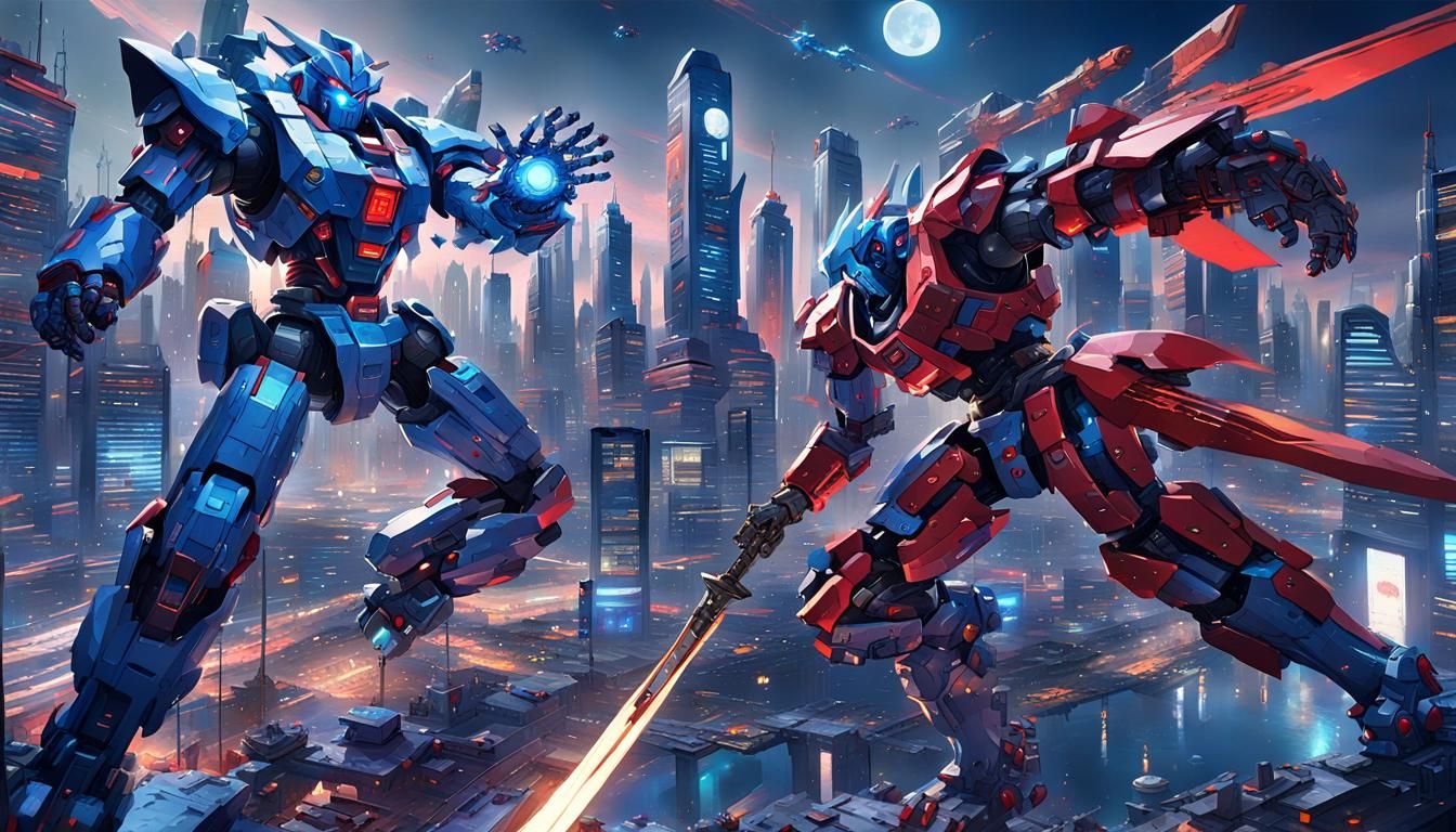 Mecha Battle in Futuristic City, Oil Painting