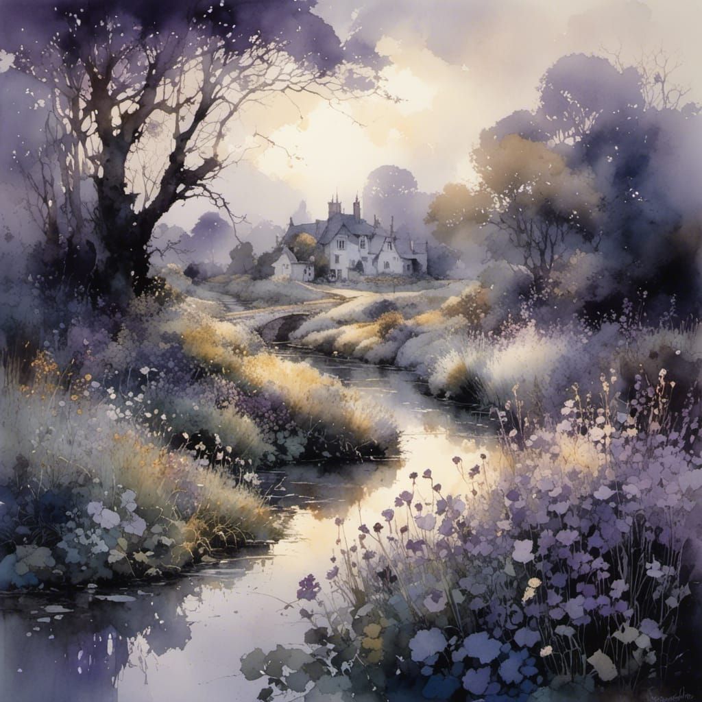 Enchanted Garden in Violet Light: Watercolor Painting