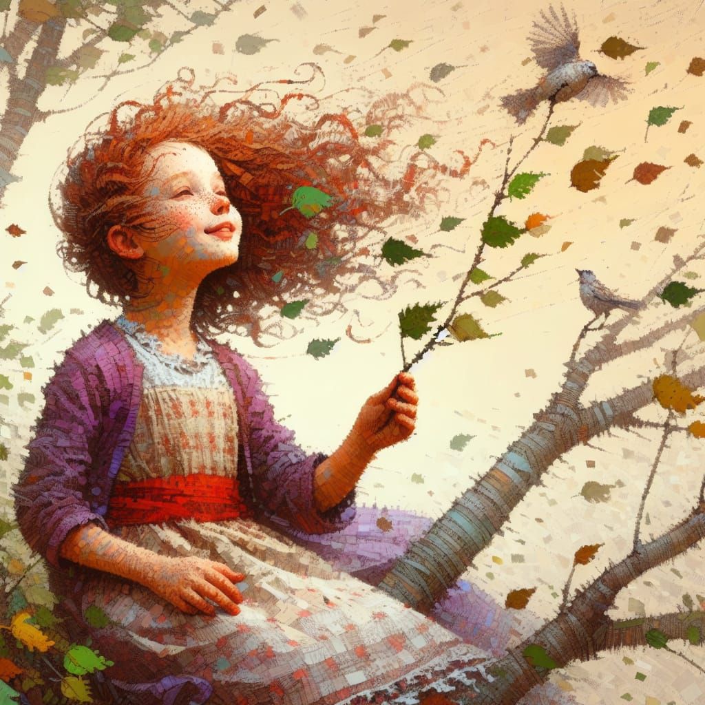 Microsoft Designer:"A young girl with curly red hair sits at...