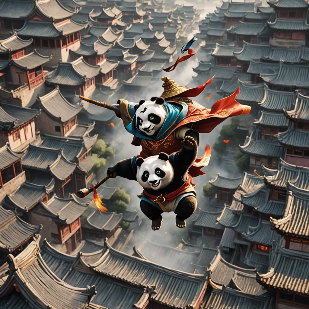 Panda Mage Soaring Over Ancient China, Pixar Style