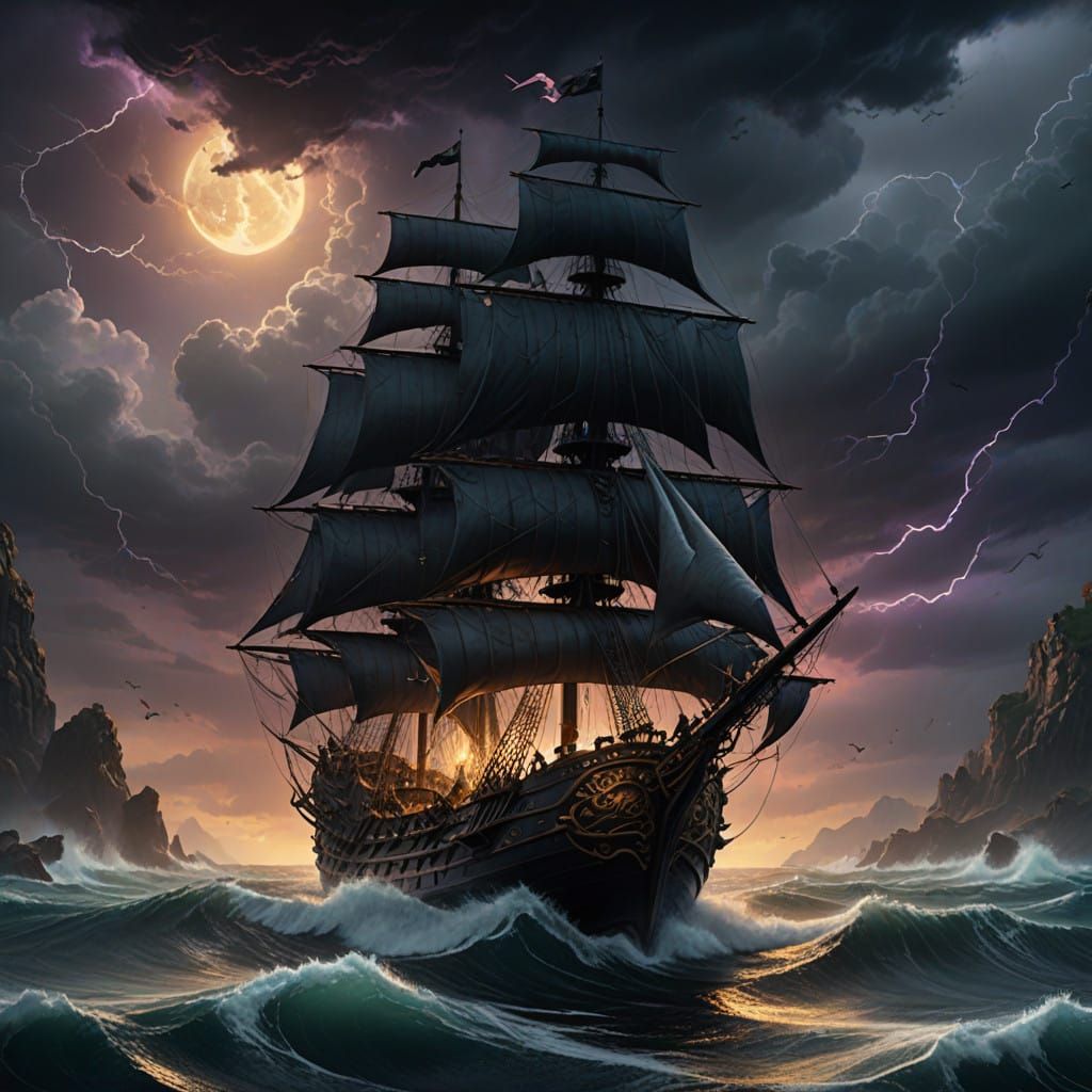 Majestic Dark Fantasy Pirate Ship in Turbulent Stormy Seas
