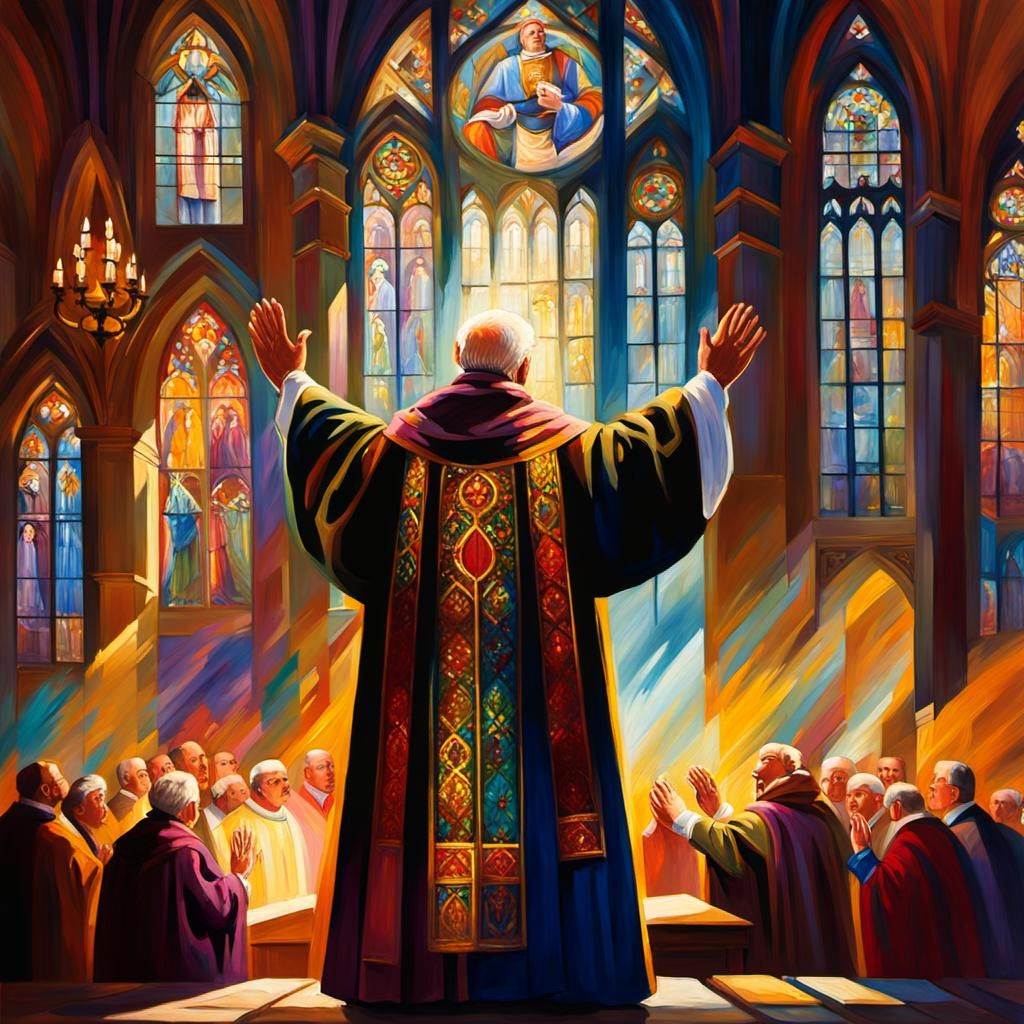 Cathedral Bishop Blessing in Impressionist Gouache