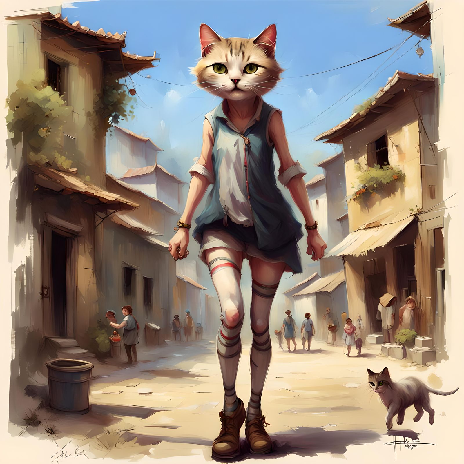 Happy catgirl tourist, detailed village background