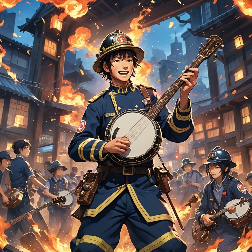 Anime Fireman Plays Banjo in Vibrant Colors