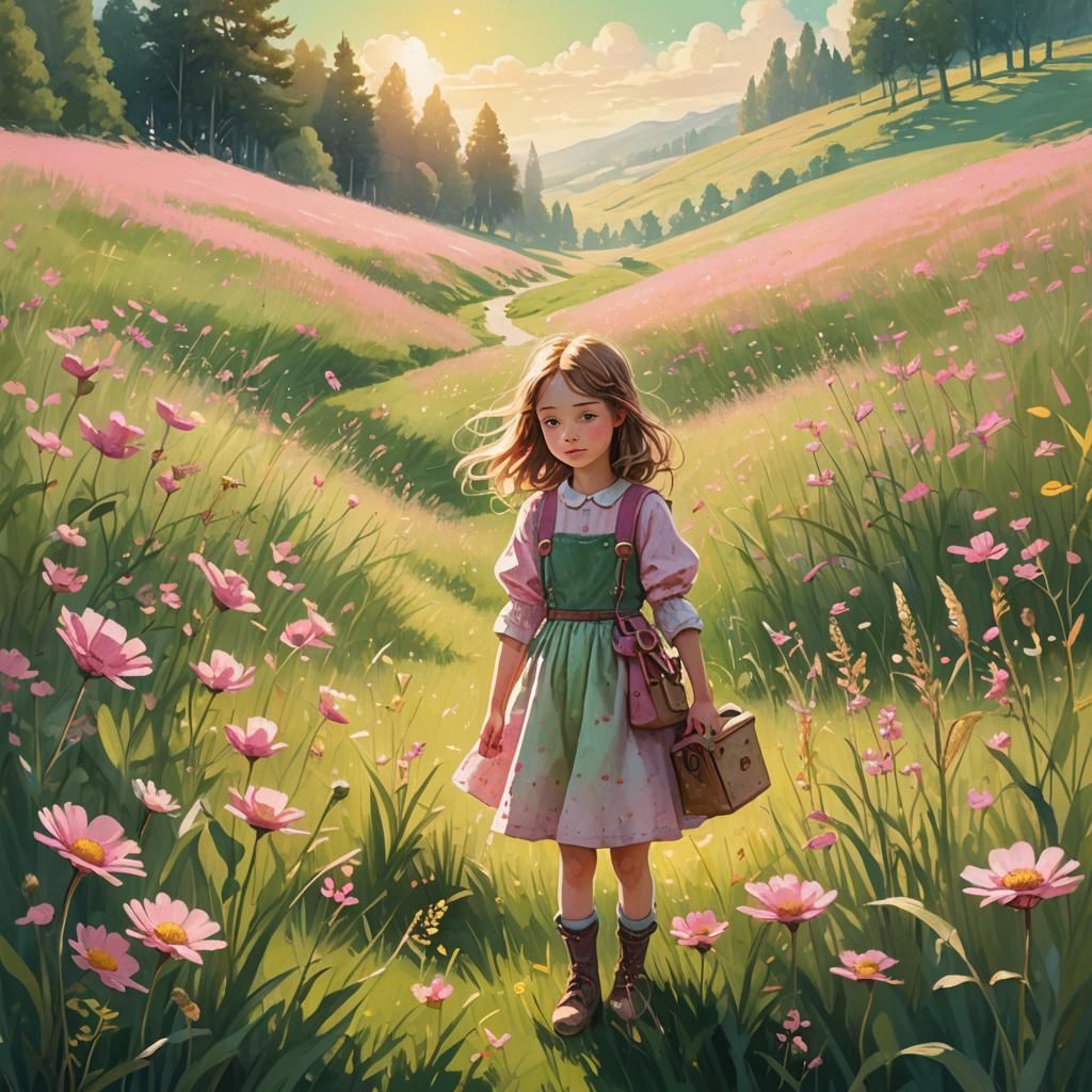 Girl and Imaginary Friend in Sunny Meadow