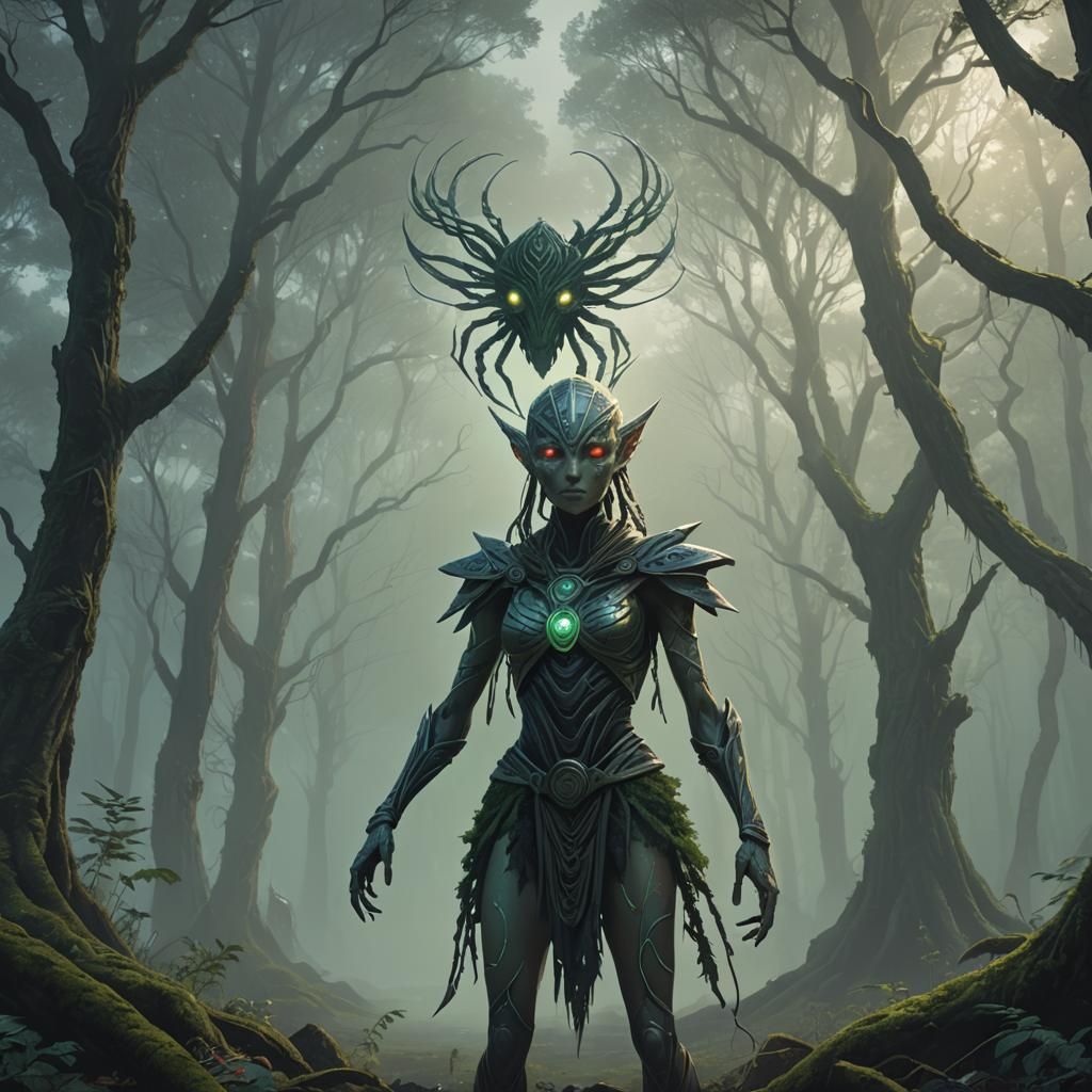 Insectoid Alien Meets Celtic Warrior in Misty Forest