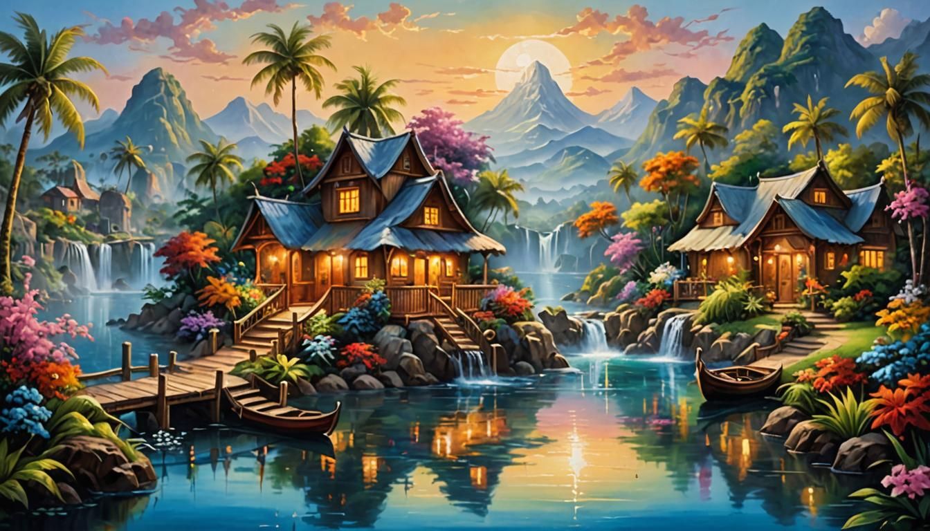 Luminous Water-World Dreamland: An Enchanting Oil Painting