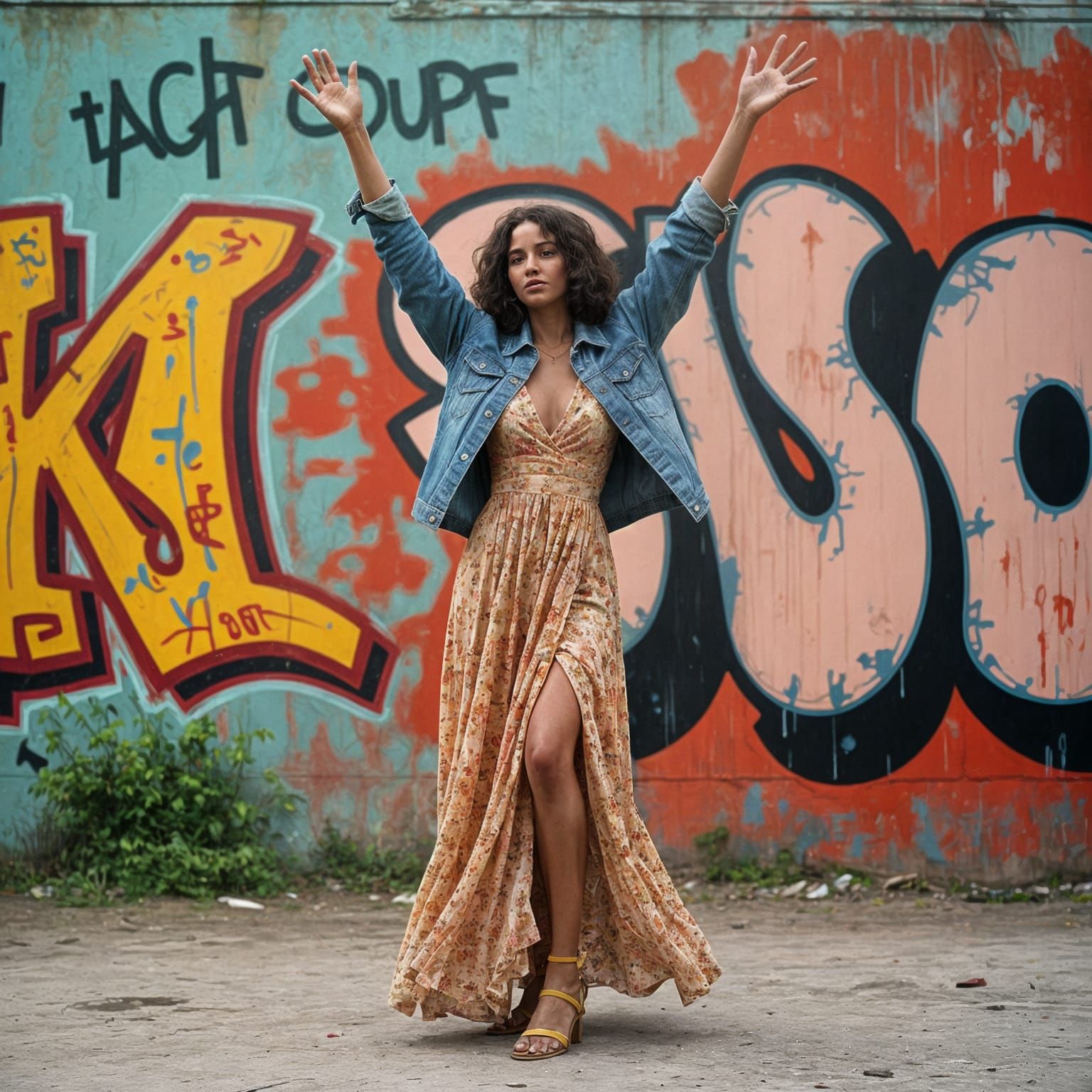 Woman in Triumphant Pose Before Graffiti Wall