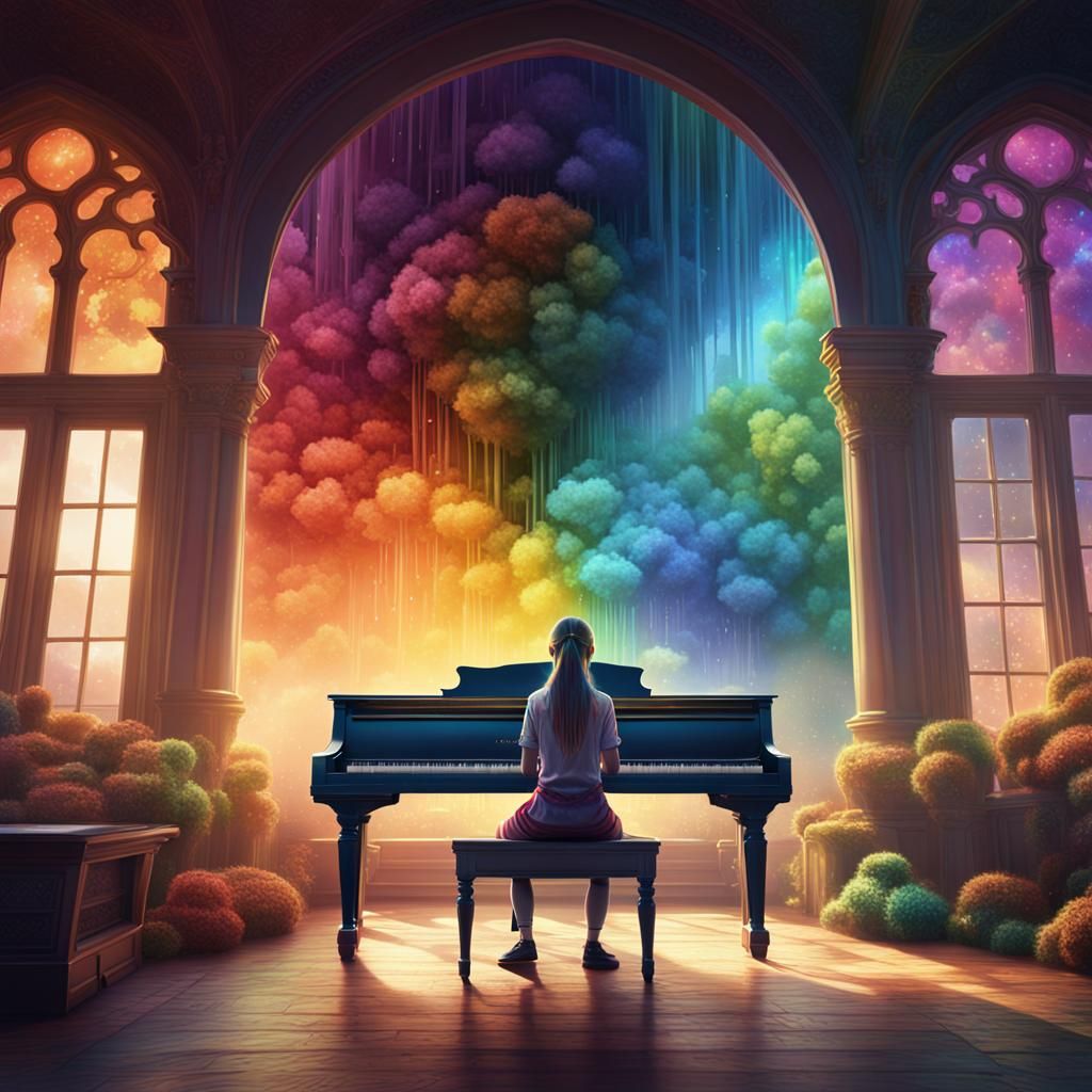 Rainbow Piano Girl: Detailed Fantasy Art