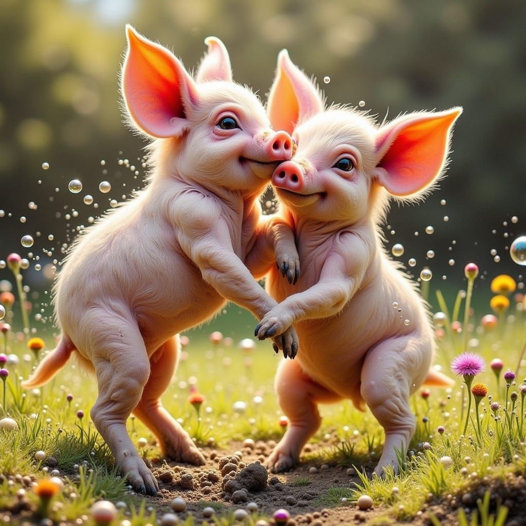 Surreal Pigs Wrestle Playfully in Mud