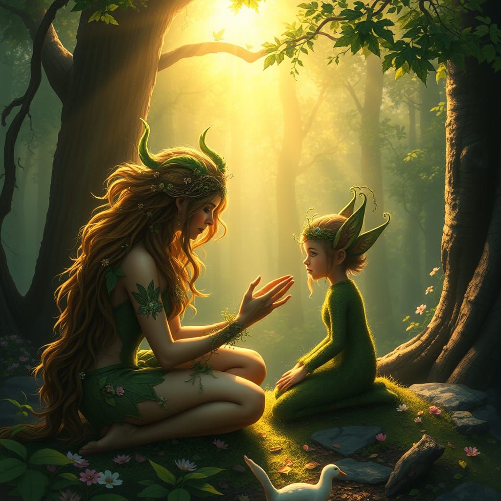 Gaia Teaches Young Dryad in Enchanted Forest Glade