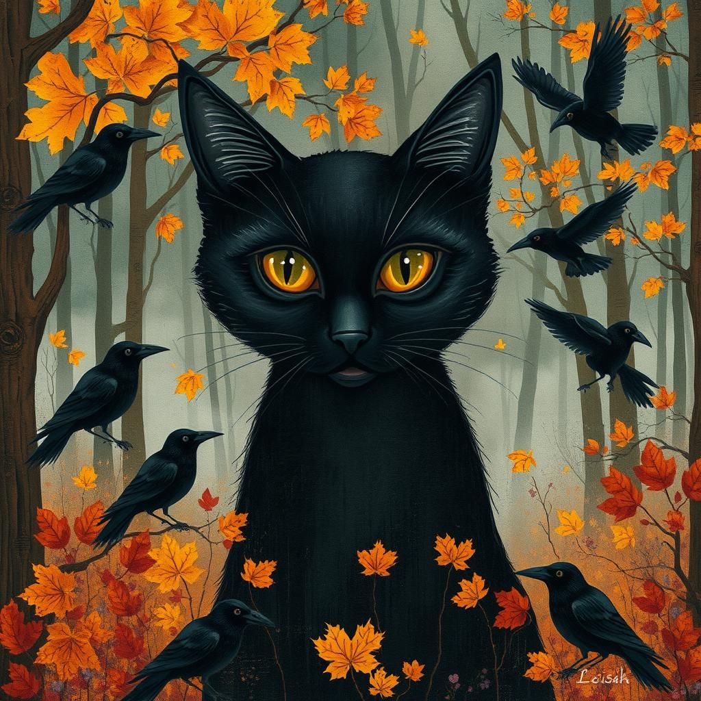 Mystical Black Cat in Autumnal Forest: Mixed Media