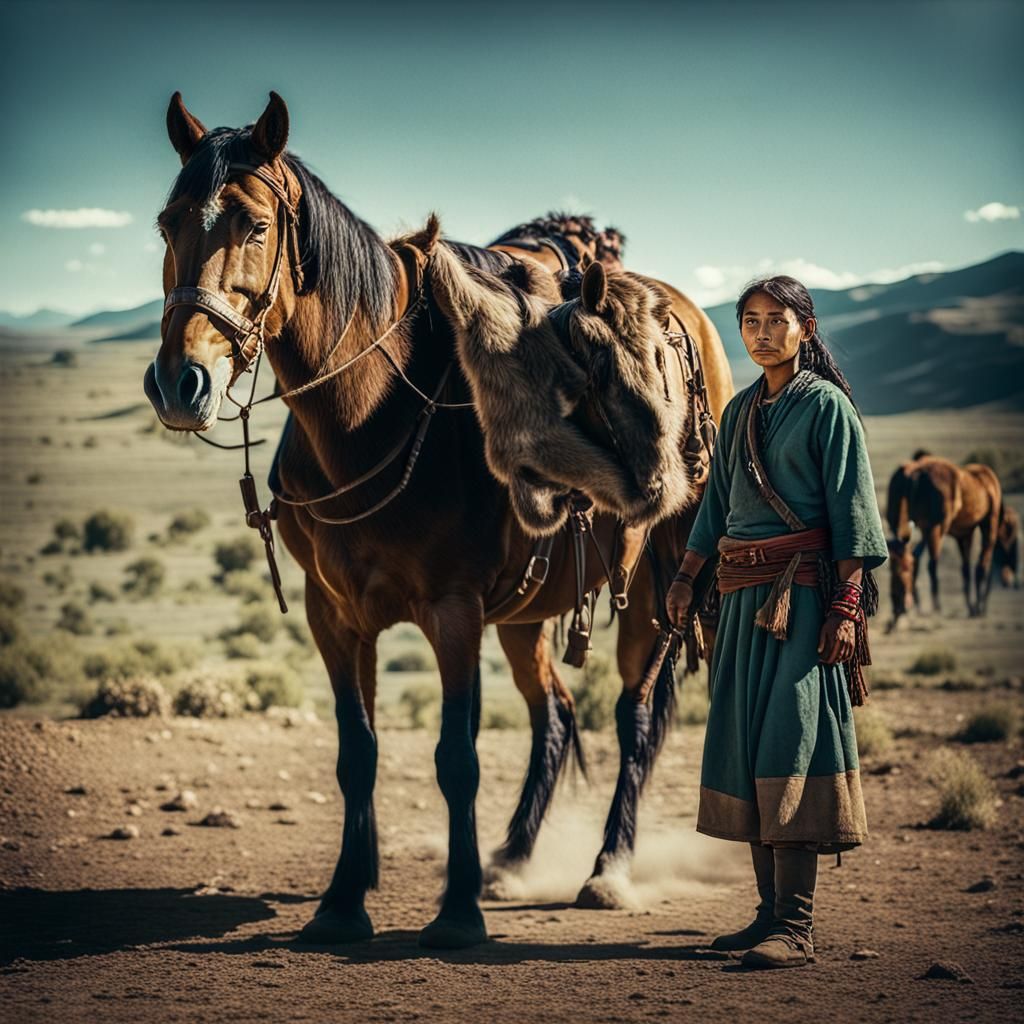 Nomad Woman and Horse: Cinematic Portrait