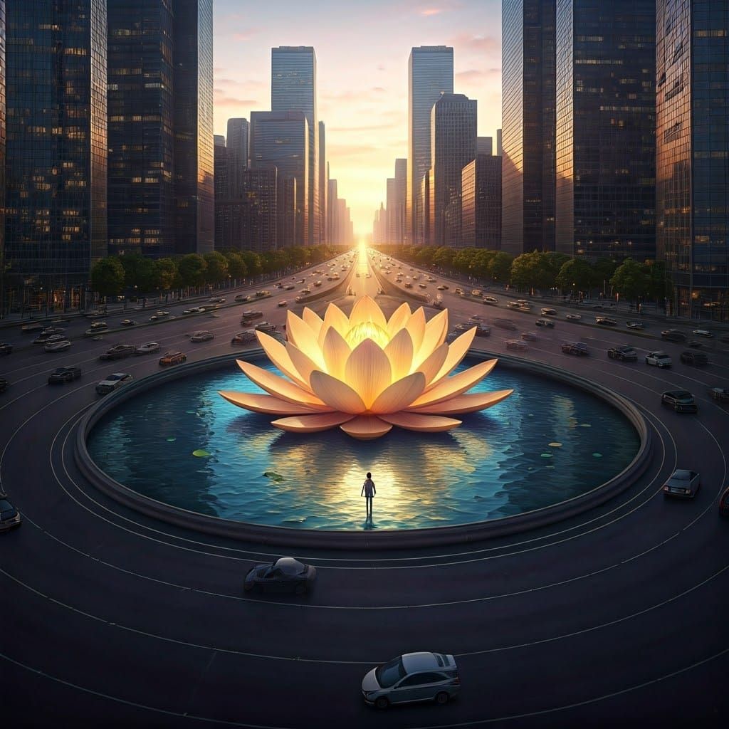 Urban Oasis Roundabout in Vibrant Evening Light