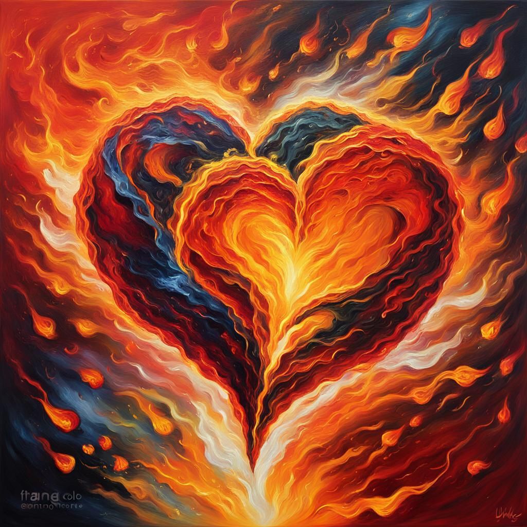 Two Hearts Ablaze: An Expressive Oil Painting