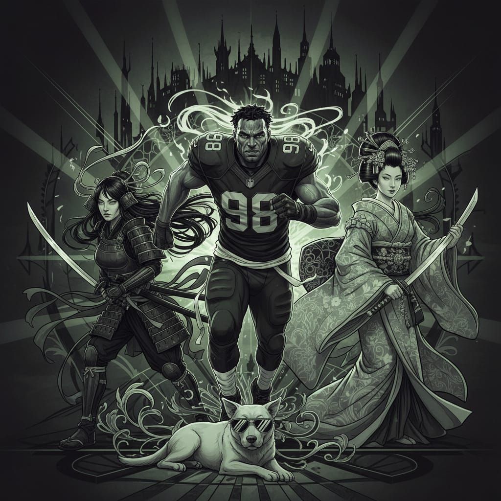 Samurai Geisha and NFL Player in Dark Fantasy Art
