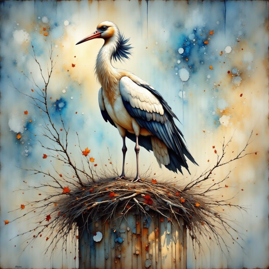 Textured Painterly Stork Nesting on Church Tower