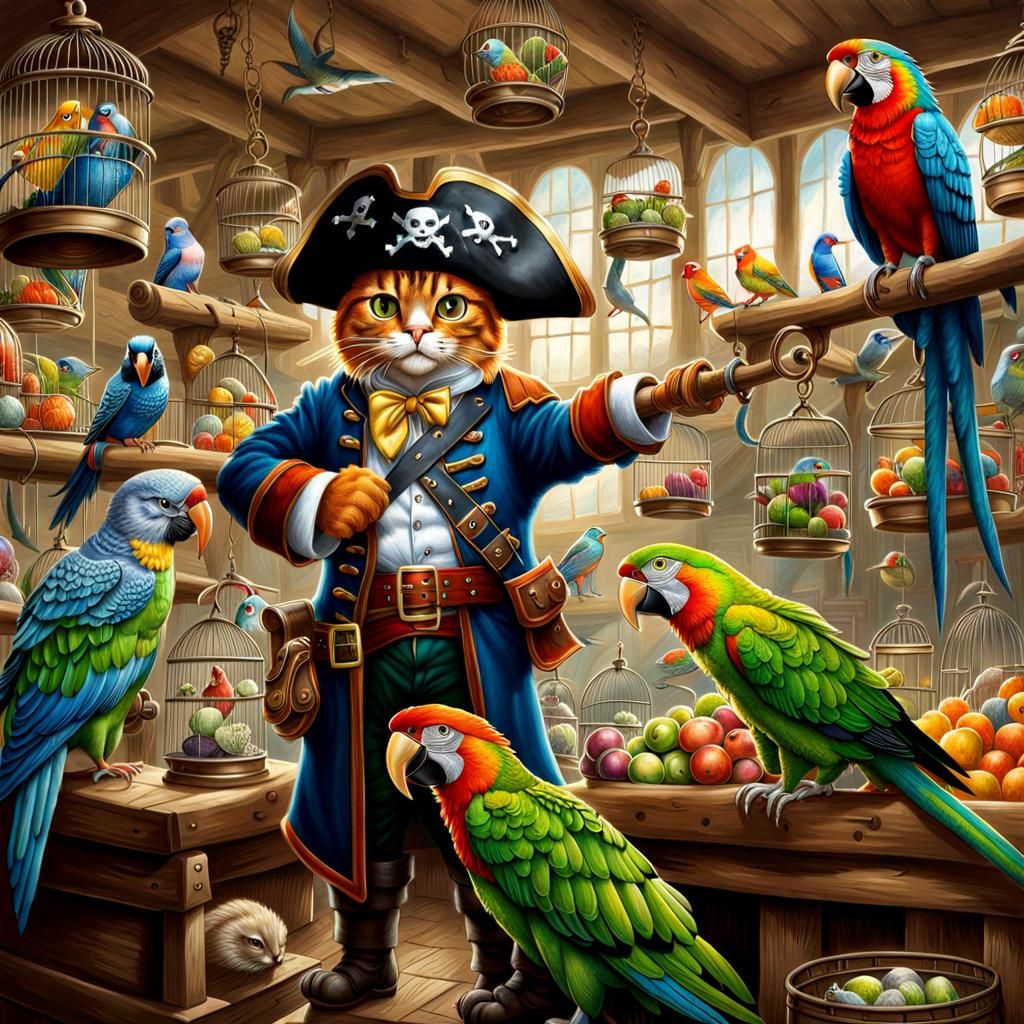Hyperrealistic Cat-Pirate in Parrot Store Splash Art