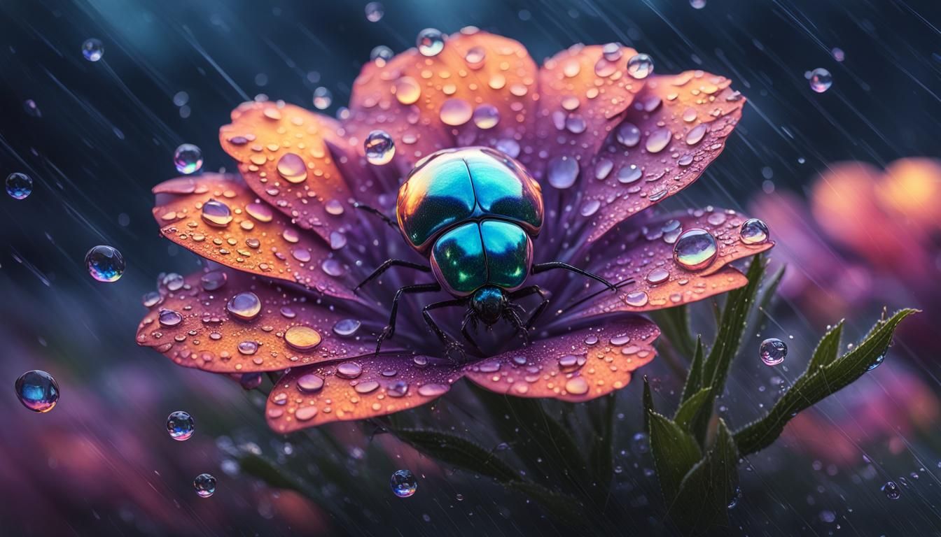 Iridescent Flower and Bug with Dew Drops