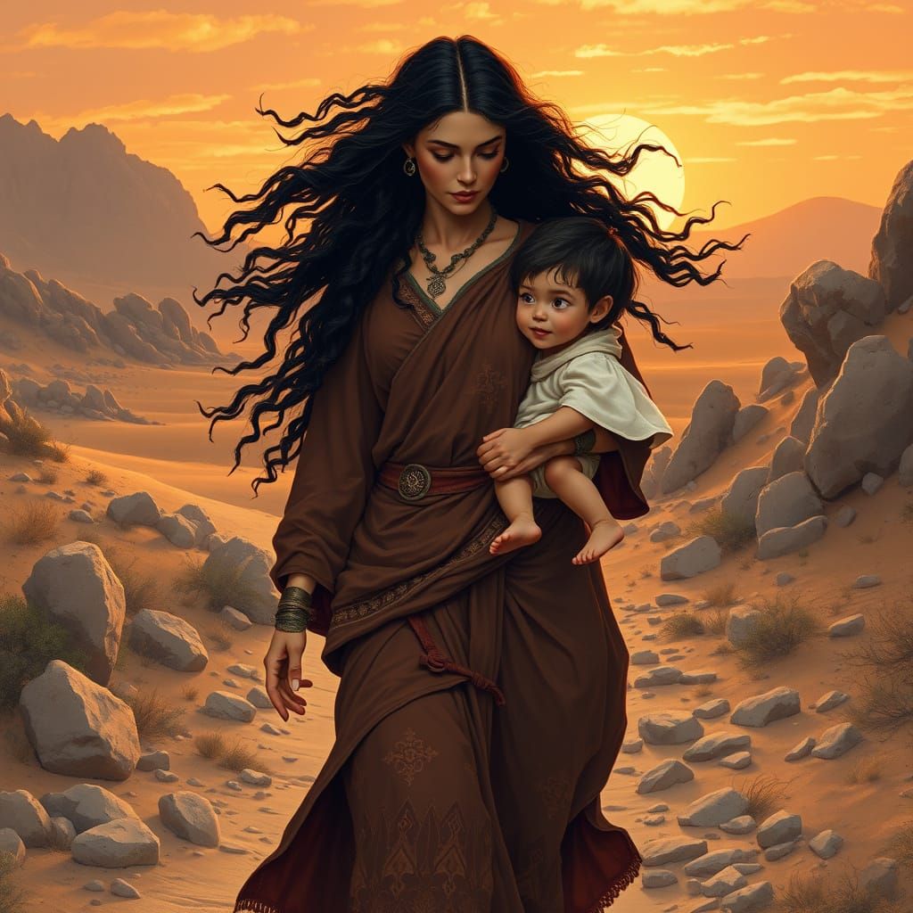 Bronze Age Woman and Child at Sunset