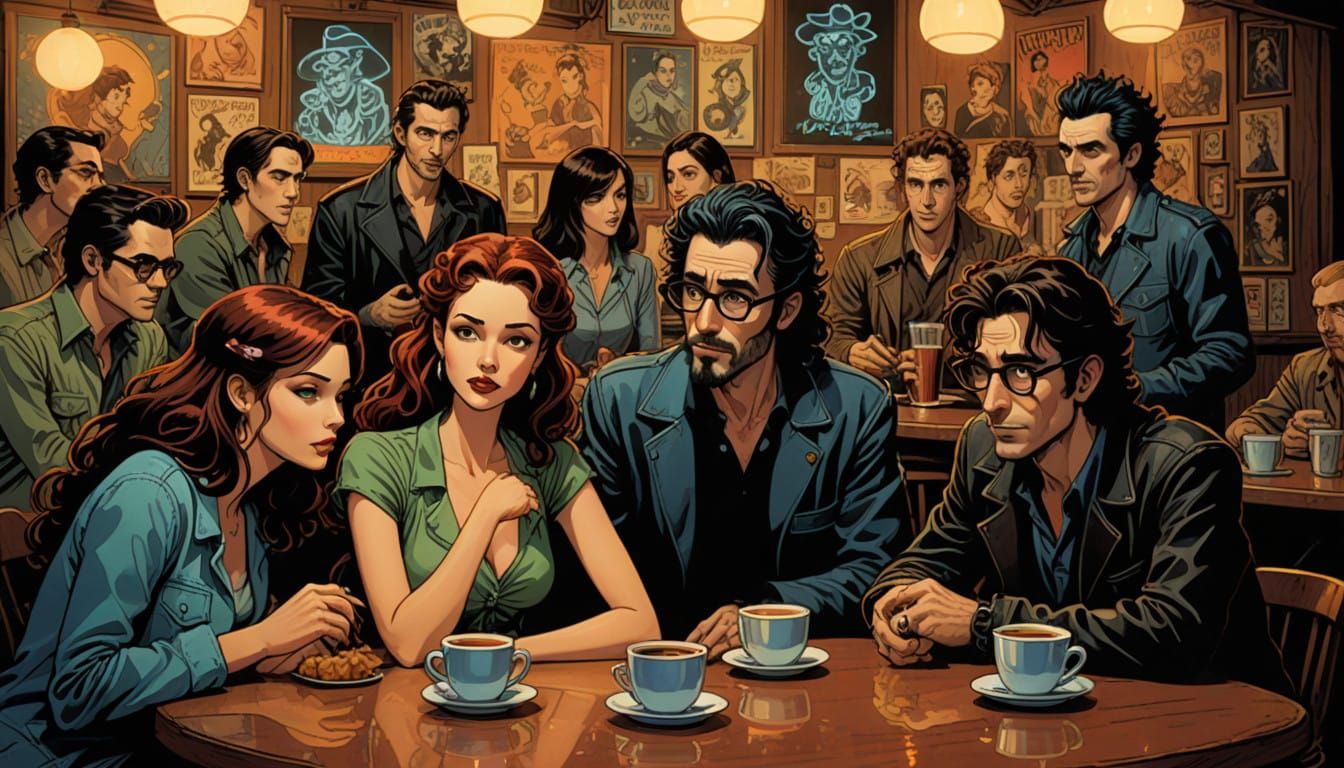 Hyperrealistic Group Portrait in a Neon-Lit Night Cafe