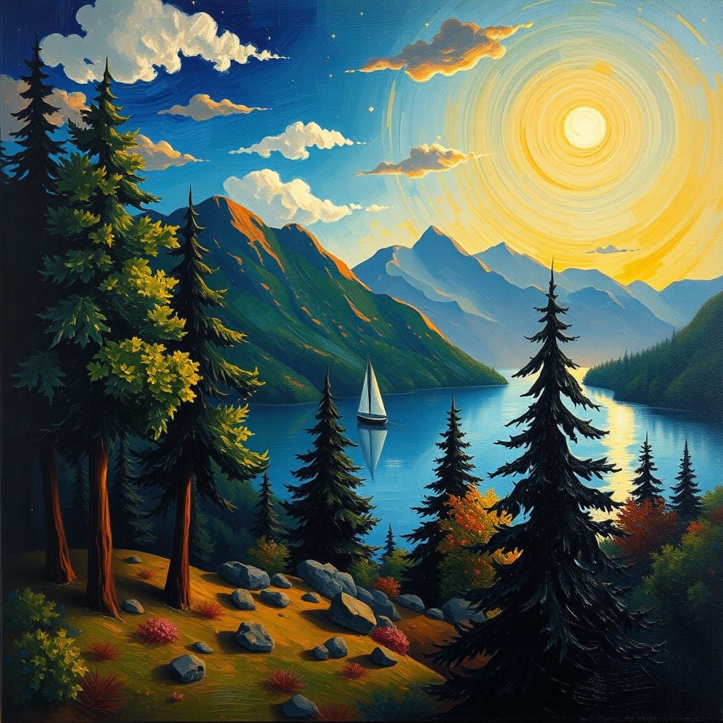 Vibrant Sunset on Mountain Lake in Expressive Style