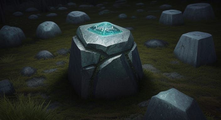 Enigmatic Stone with Glowing Runes in Eerie Light