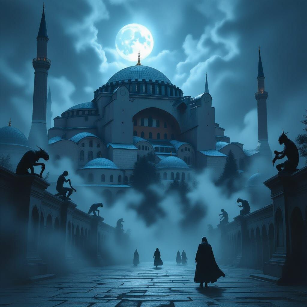 Hagia Sophia in Dark Fantasy Style with Ethereal Mist