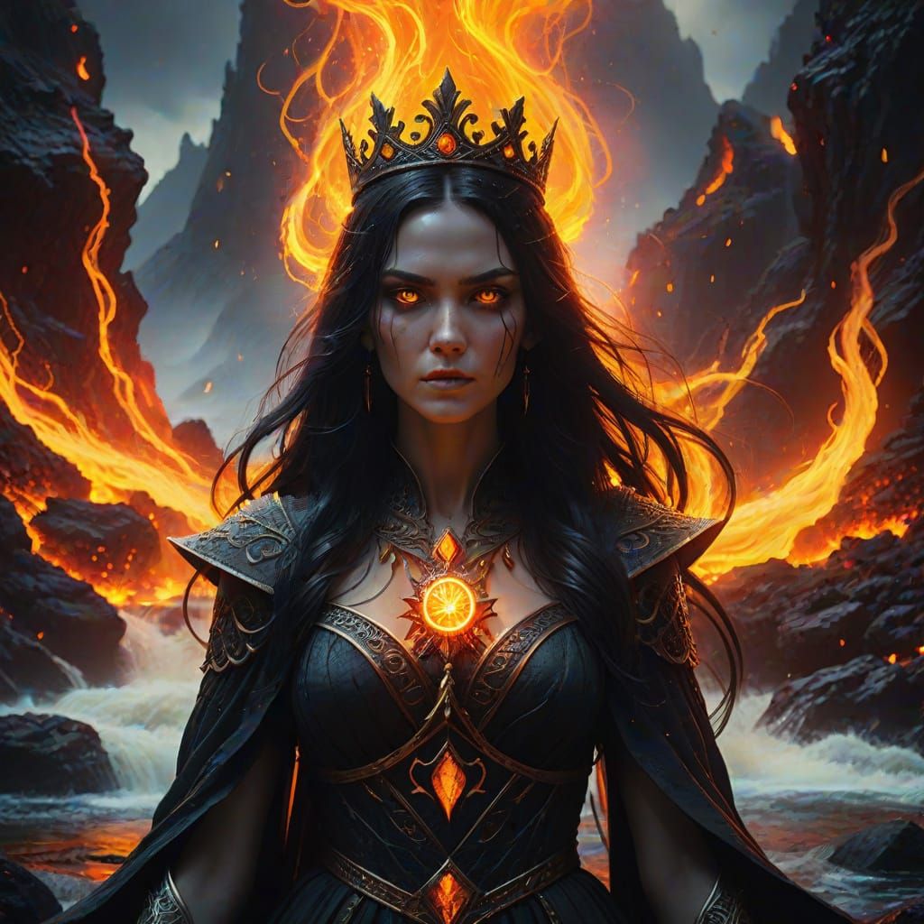 Sorceress in Fiery Majesty, with Glowing Crown and Lava Rive...