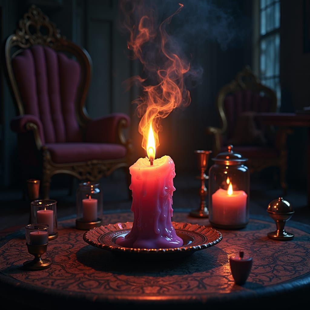 Psychedelic Burning Candle in Mystical Dark Room