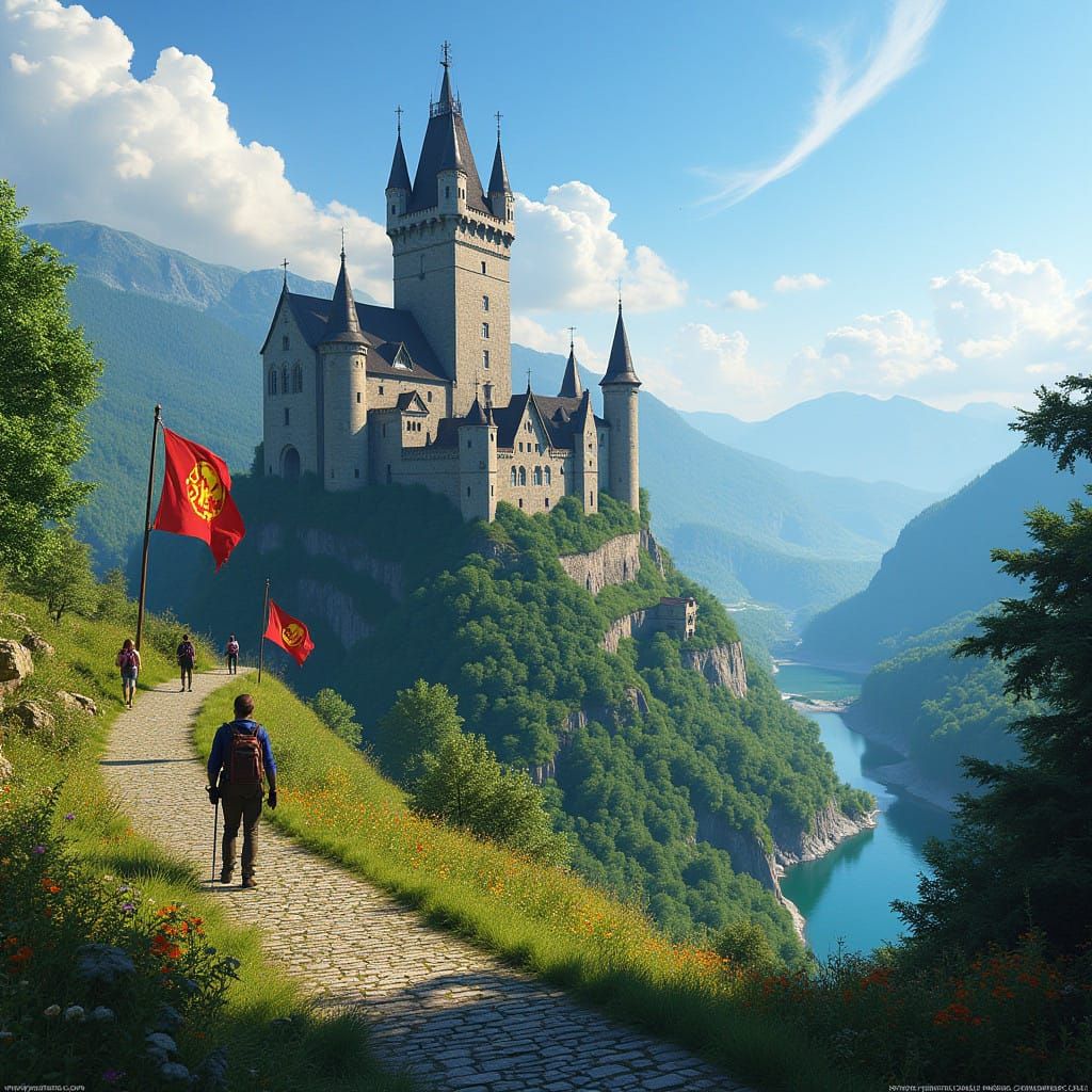 Medieval Castle in a Vibrant Emerald Valley with Visitors