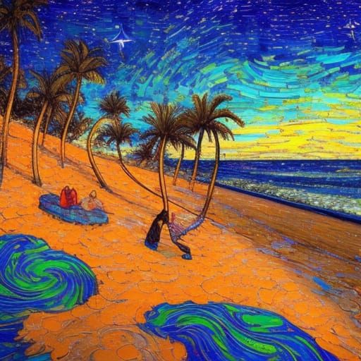 Bioluminescent Beach Bonfire Under Starry Night Sky