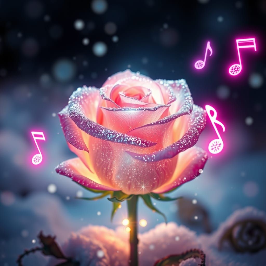 Glowing Rose in Winter Wonderland with Neon Music Notes
