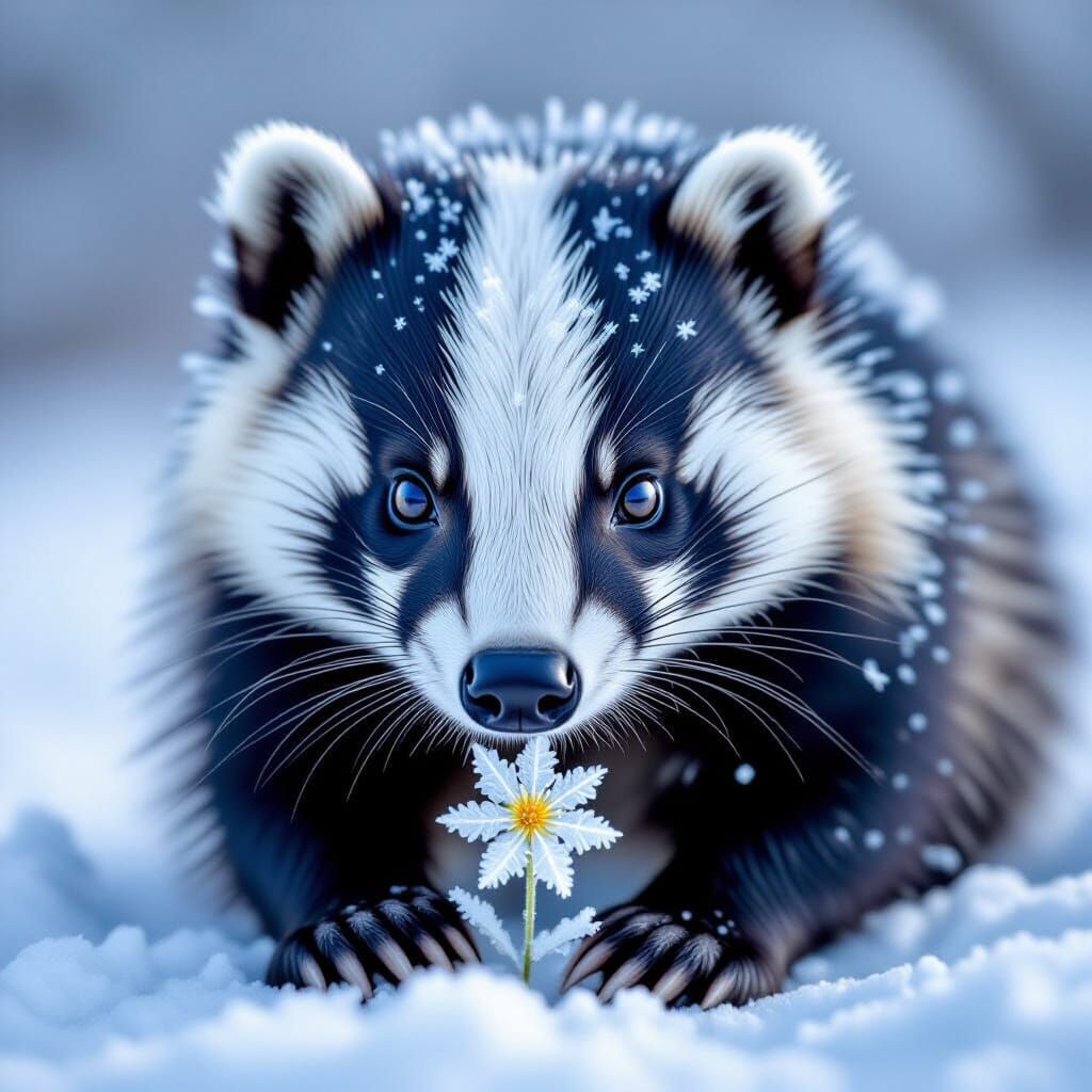 Badger Examines Ice Flower in Minimalist Winter Landscape